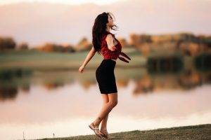 women, Model, Brunette, Long Hair, Women Outdoors, Skirt, Tattoo, Checkered, Shirt, Nature, Lake, Trees, Closed Eyes, Happy, Depth Of Field, Dancing, Smiling, Happiness, Reflection