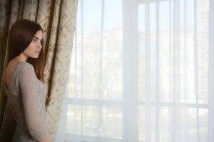 women, Model, Brunette, Long Hair, See through Clothing, Window, Looking Away, Open Mouth, Curtain, Building