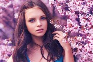 face, Model, Women, Brunette, Blue Eyes, Cherry Blossom