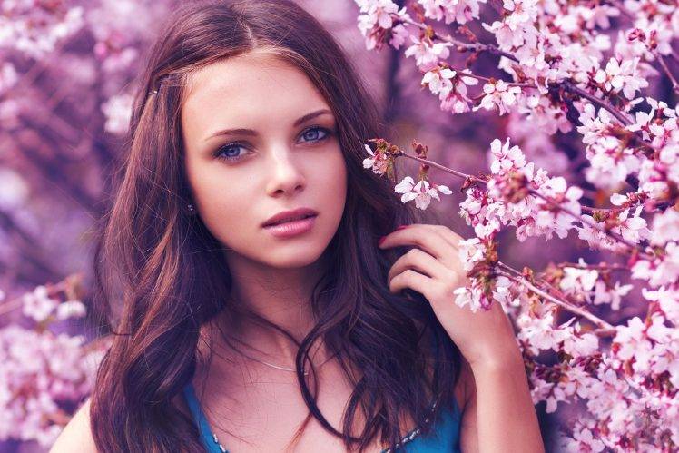 face, Model, Women, Brunette, Blue Eyes, Cherry Blossom HD Wallpaper Desktop Background