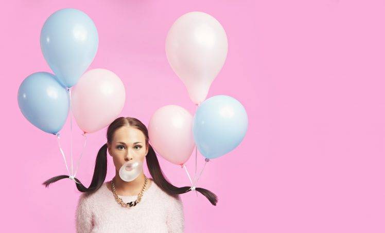 model, Bubble Gum, Women, Balloons, Ponytail, Brunette HD Wallpaper Desktop Background
