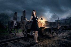 night, Digital Art, Model, Lantern, Railway