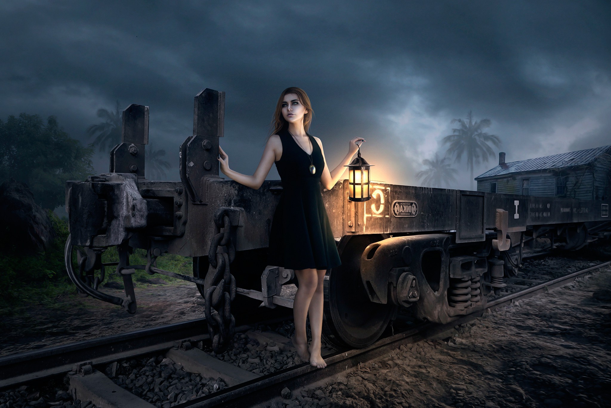 night, Digital Art, Model, Lantern, Railway Wallpaper