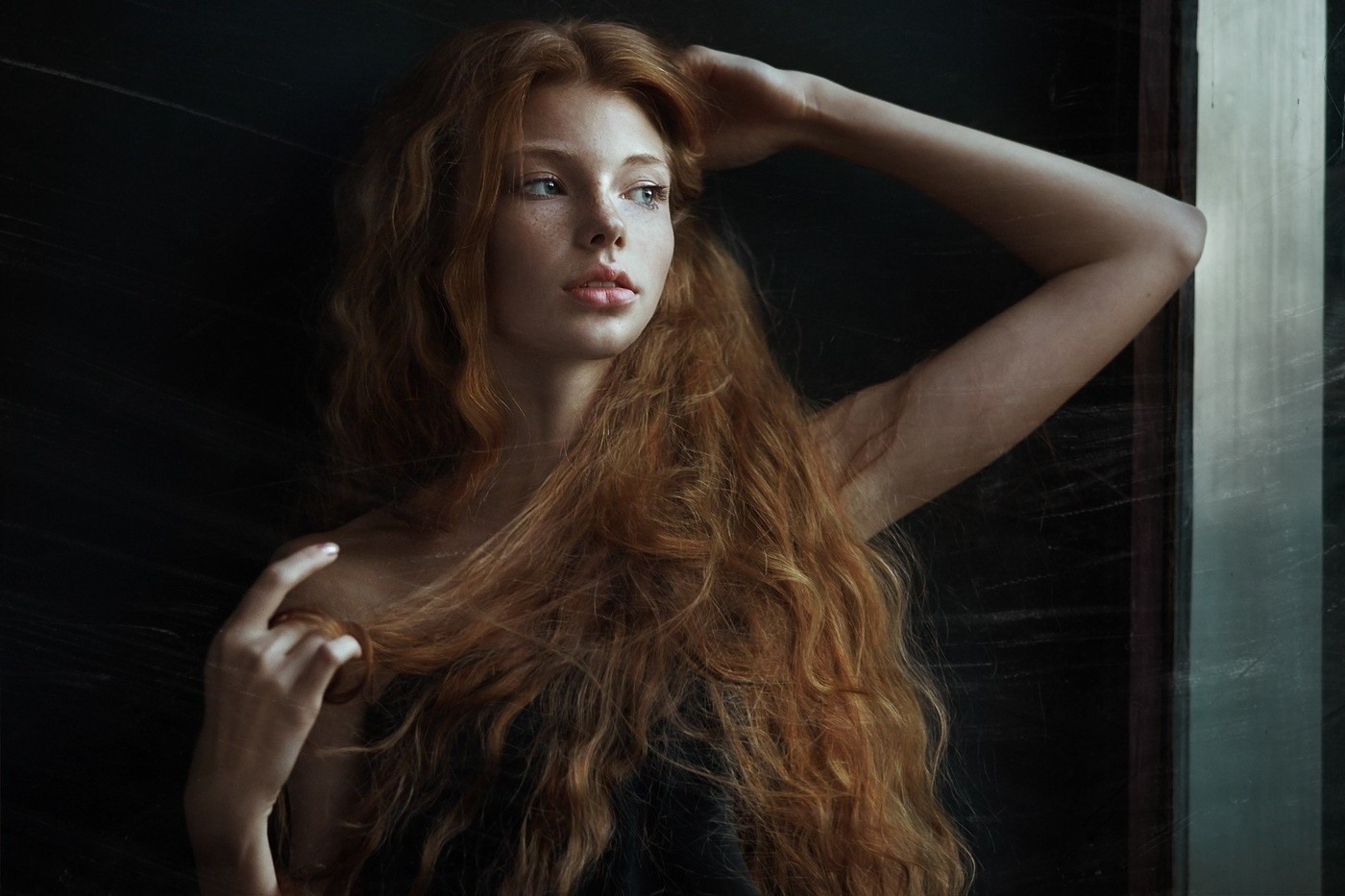 women, Model, Redhead, Long Hair, Freckles, Wavy Hair, Looking Away, Open Mouth, Bare Shoulders, Juicy Lips, Arms Up, Window, Scratches, Face Wallpaper