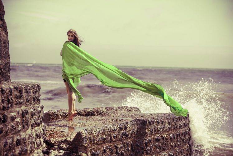 women, Dress, Sea, Sky, Hill, Green, Smiling HD Wallpaper Desktop Background