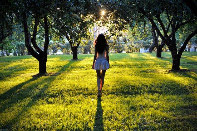 women, Dress, Brunette, Legs, Looking Away, Back, Sun, Park, Trees, Nature, Grass, Model, Heels HD Wallpaper Desktop Background