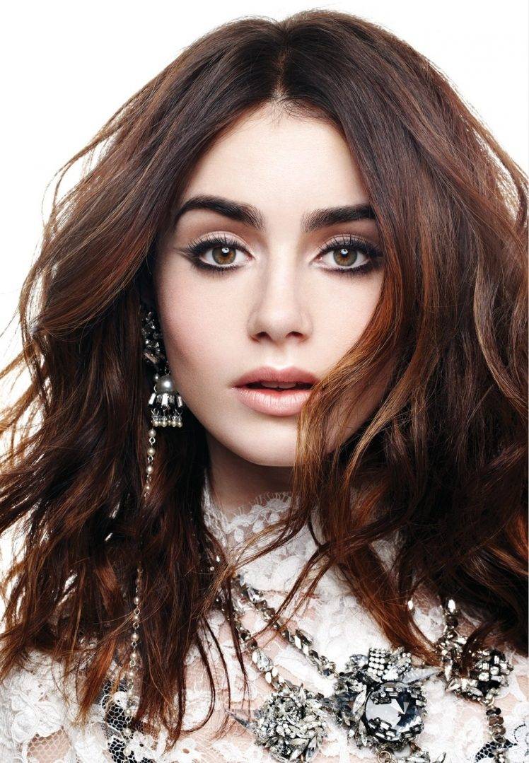 women, Model, Brunette, Long Hair, Looking At Viewer, Face, Portrait, Brown Eyes, Open Mouth, Lily Collins, Actress, Makeup, Portrait Display, White Background HD Wallpaper Desktop Background