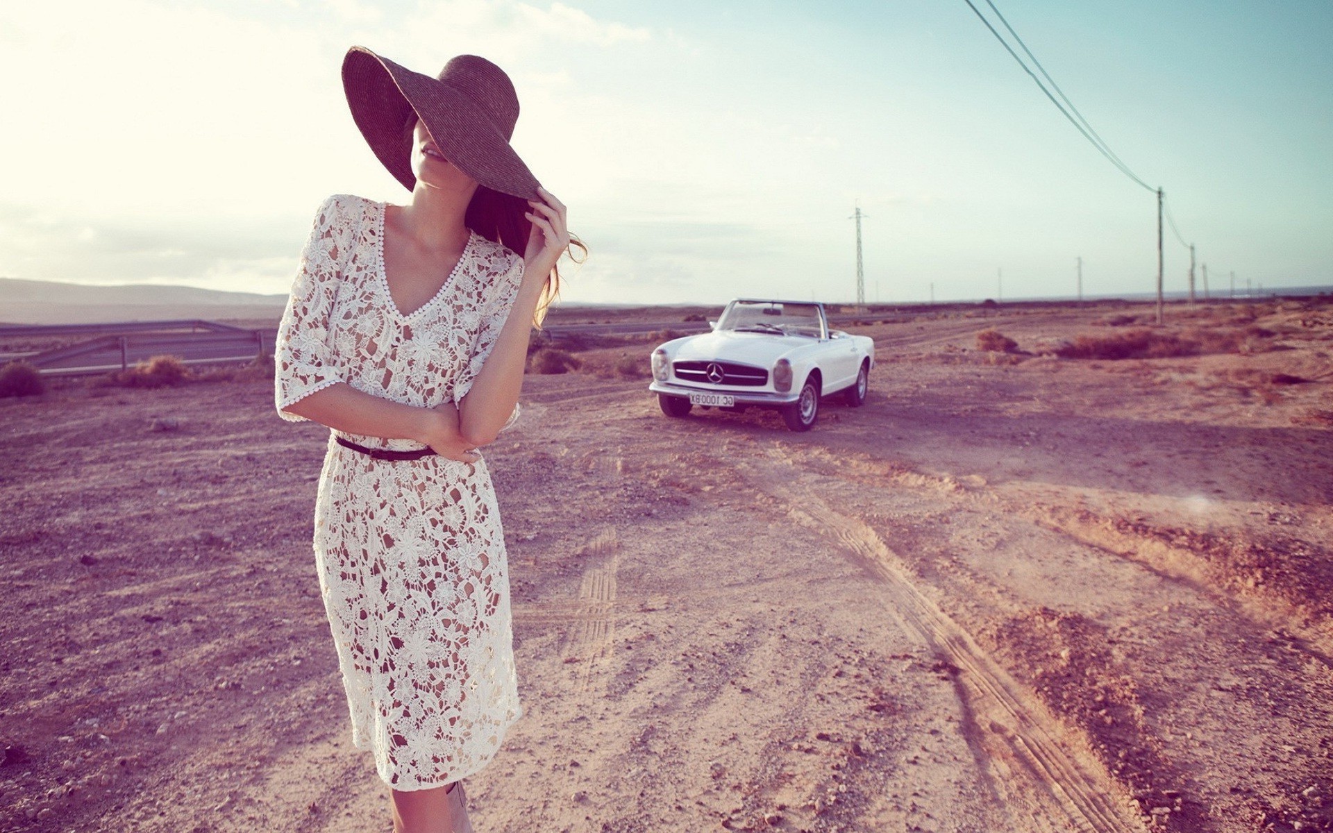 photography, Women, Model, Landscape, Car, Mercedes Benz, Vintage Car, See through Clothing Wallpaper