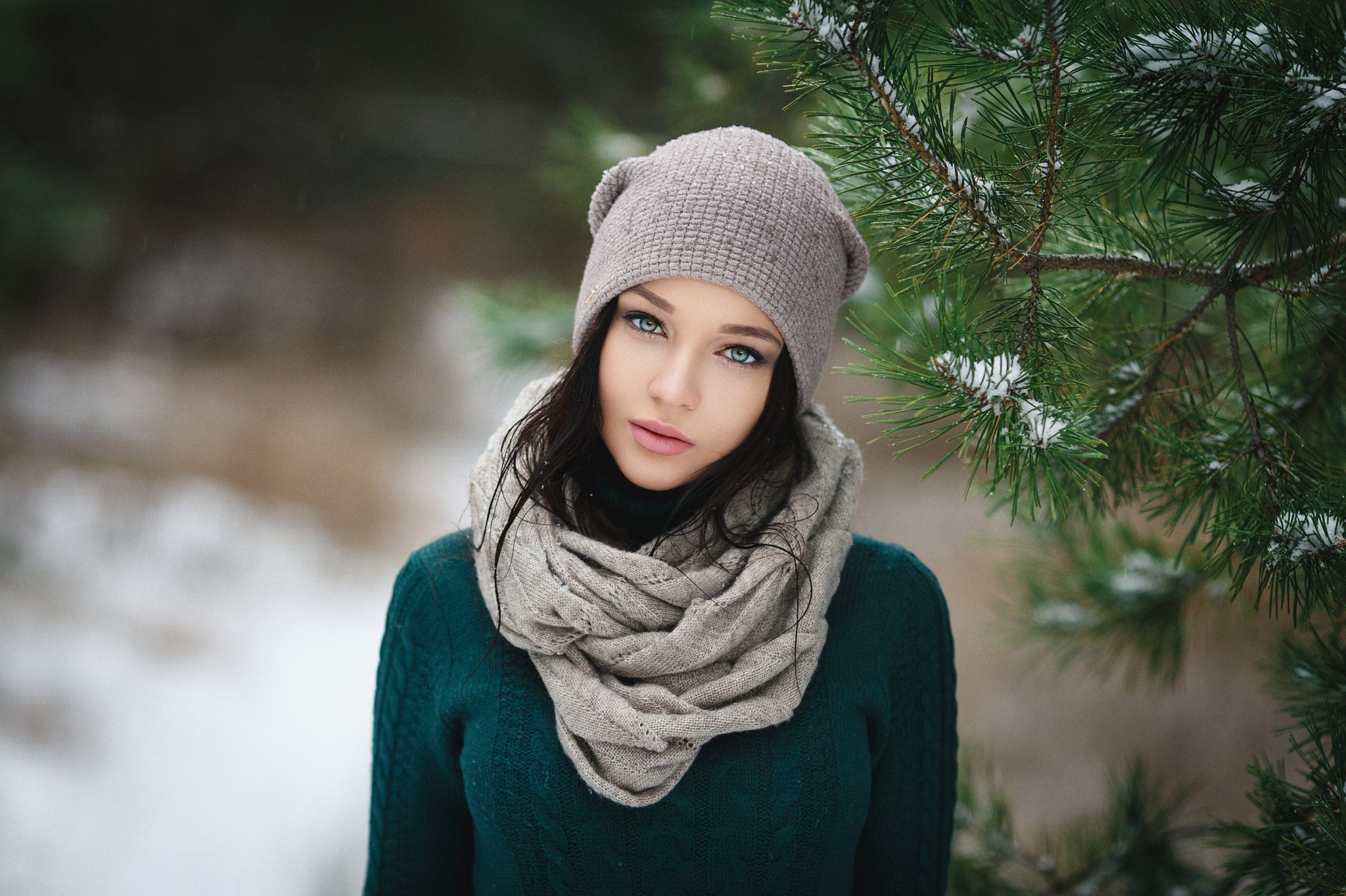 Women, Brunette, Winter, Blue Eyes, Hat, Scarf, Women 
