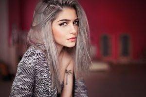 women, Model, Dyed Hair, Looking At Viewer, Face, Portrait, Galina Rover, Ivan Gorokhov, Brown Eyes, Sweater, Tattoo, Depth Of Field, Room, Long Hair