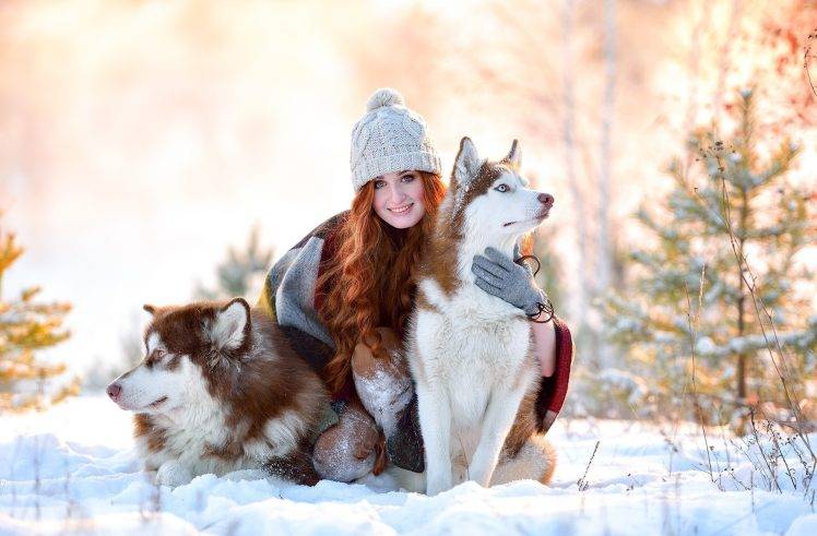 winter, Dog, Model, Animals, Women HD Wallpaper Desktop Background
