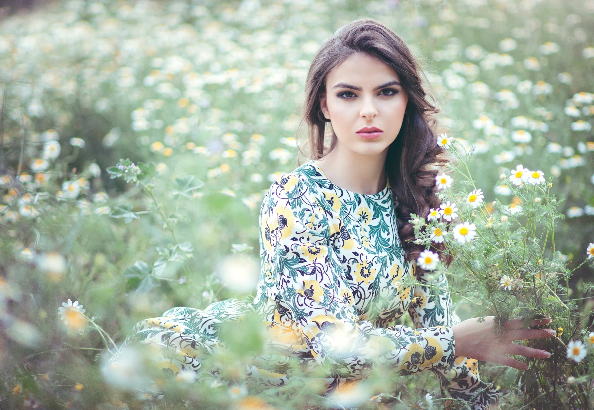 flowers, Field, Women Outdoors, Women, Model Wallpaper