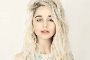 Emilia Clarke, Women, Simple Background, Long Hair, Platinum Blonde, Wavy Hair, Face, Actress, Looking At Viewer, Open Mouth, Blue Eyes