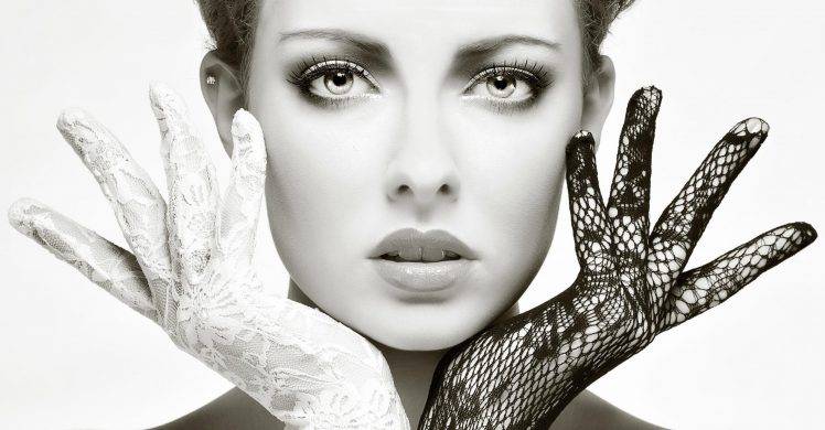 face, Monochrome, Black, White, Model, Women, Gloves, Looking At Viewer, Piercing, White Background HD Wallpaper Desktop Background