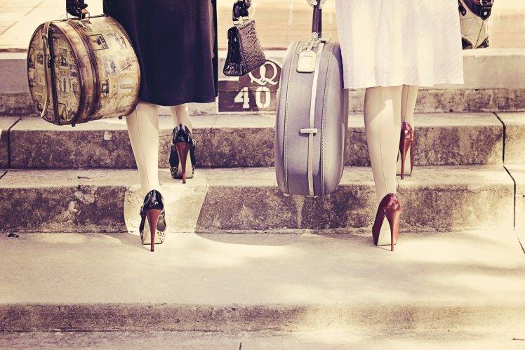 women, Suitcases, High Heels HD Wallpaper Desktop Background