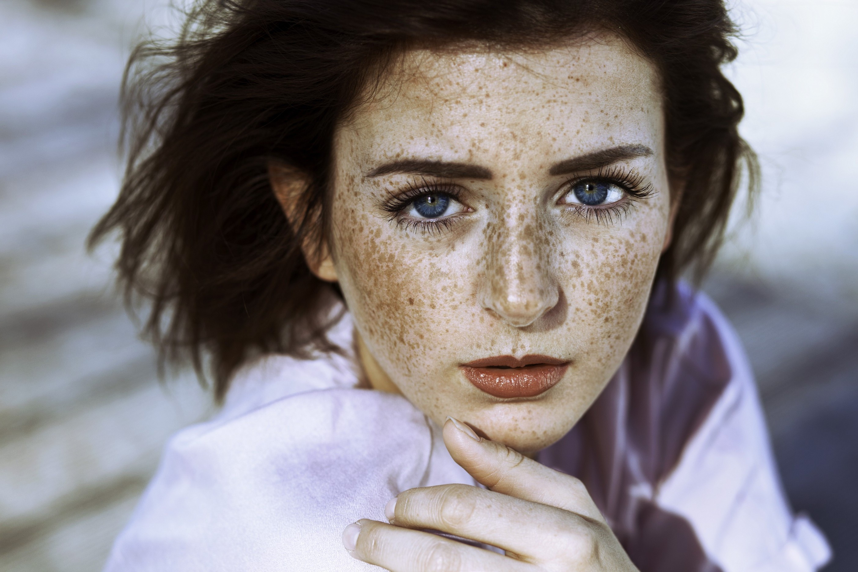 portrait, Women, Face, Model, Freckles, Blue Eyes Wallpaper