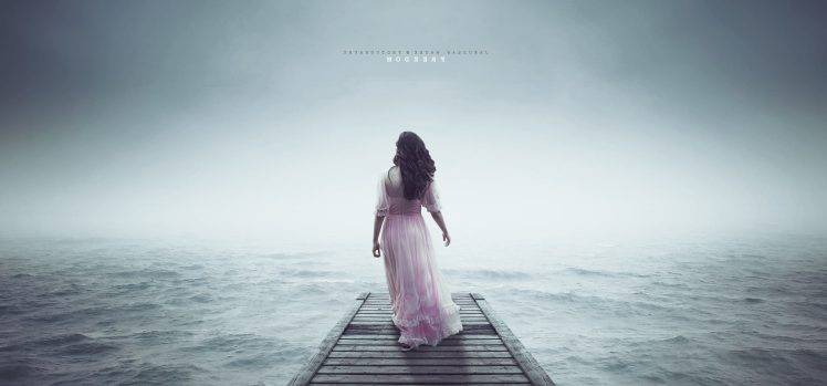women, Dress, Back, Water, Sea, Sky, Mist, Pier HD Wallpaper Desktop Background