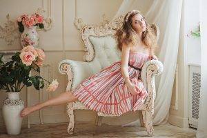 chair, Flowers, Women, Dress, Model