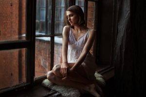 women, White Clothing, Brunette, Window, Evgeniy Reshetov