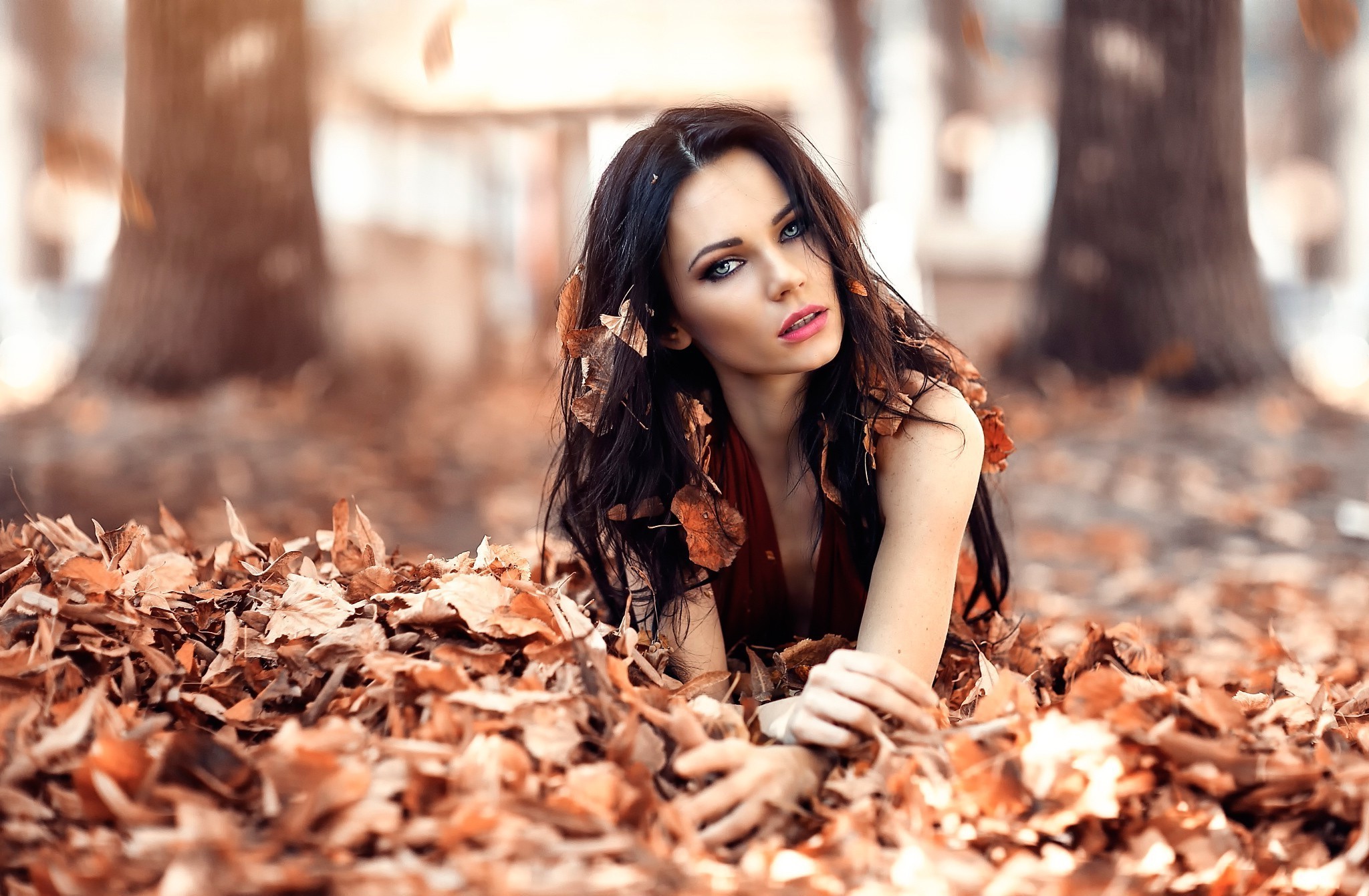 leaves, Women, Model Wallpaper