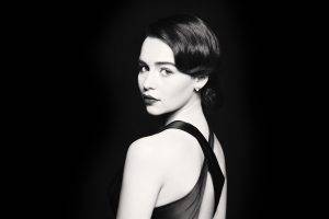 Emilia Clarke, Brunette, Actress, Celebrity, Women, Monochrome, Simple Background, Glamour, Looking At Viewer