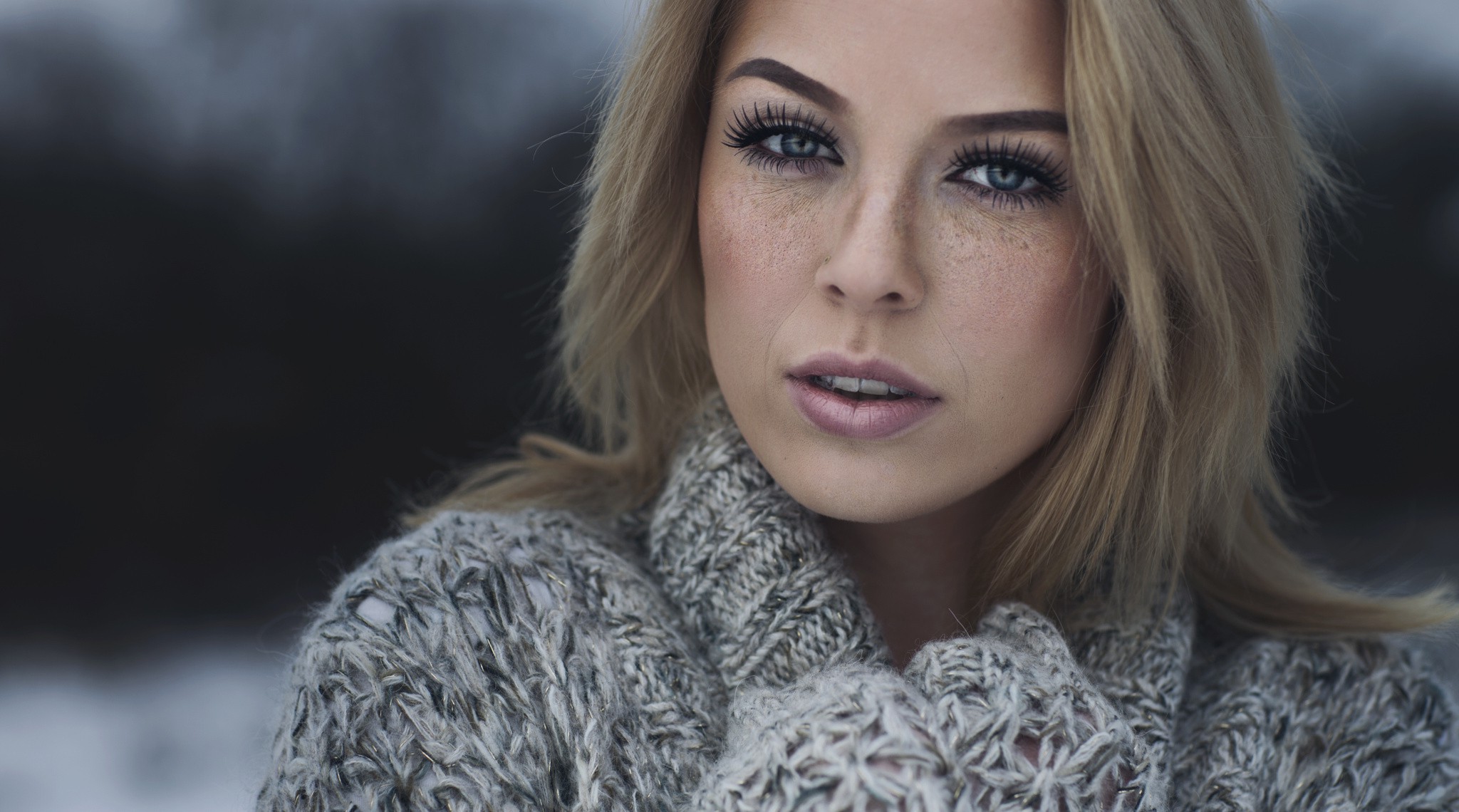 Women Blonde Blue Eyes Portrait Freckles Sweater