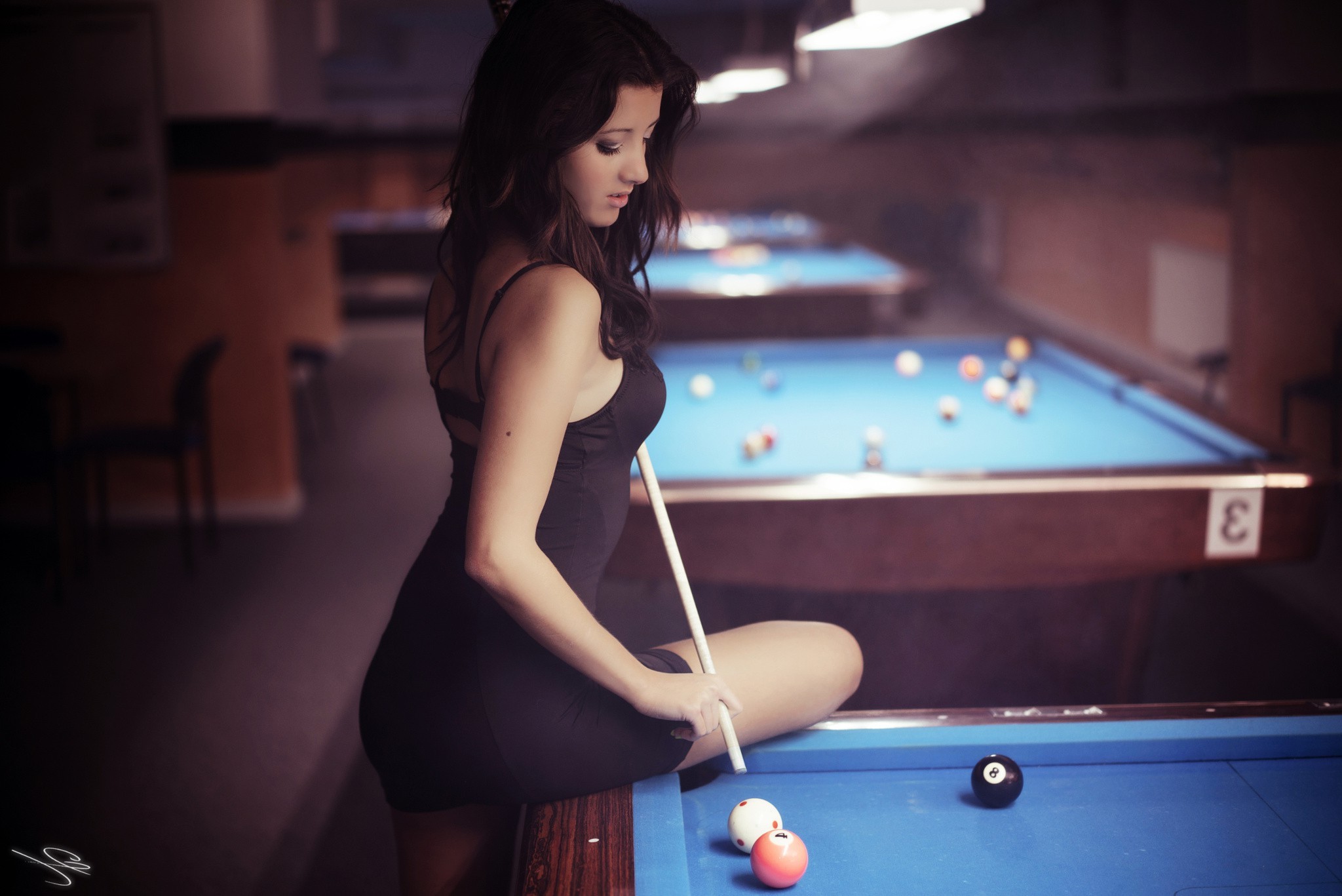 women, Model, Black Dress, Pool Table, Looking Down Wallpaper
