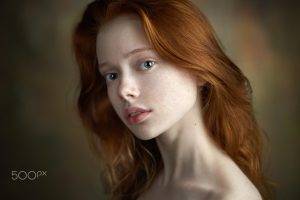 women, Redhead, Face, Portrait, Simple Background