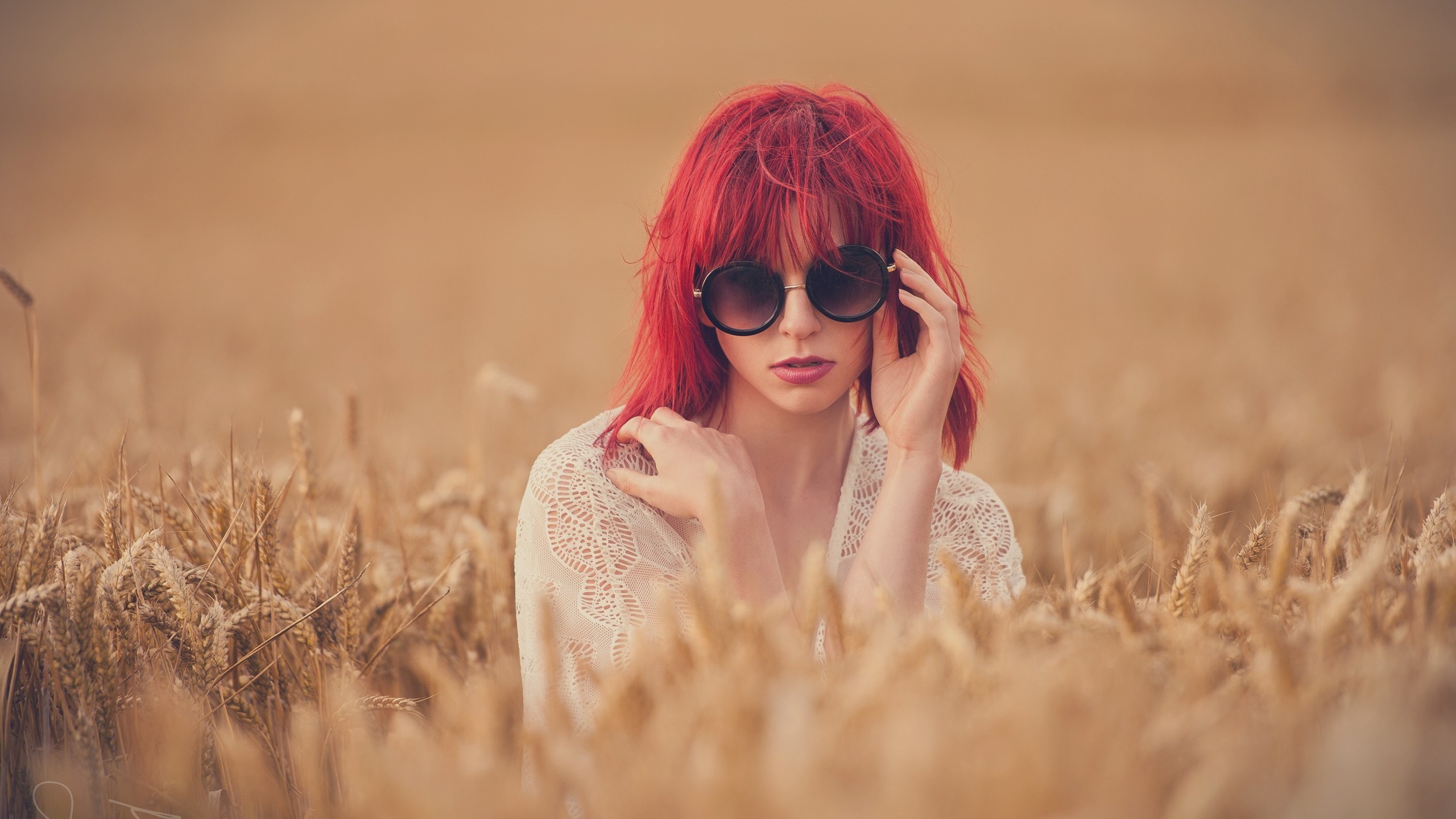 women, Model, Redhead, Long Hair, Women Outdoors, Face, See through Clothing, White Tops, Sunglasses, Women With Glasses, Nature, Field, Spikelets, Grain, Depth Of Field, Hand Wallpaper