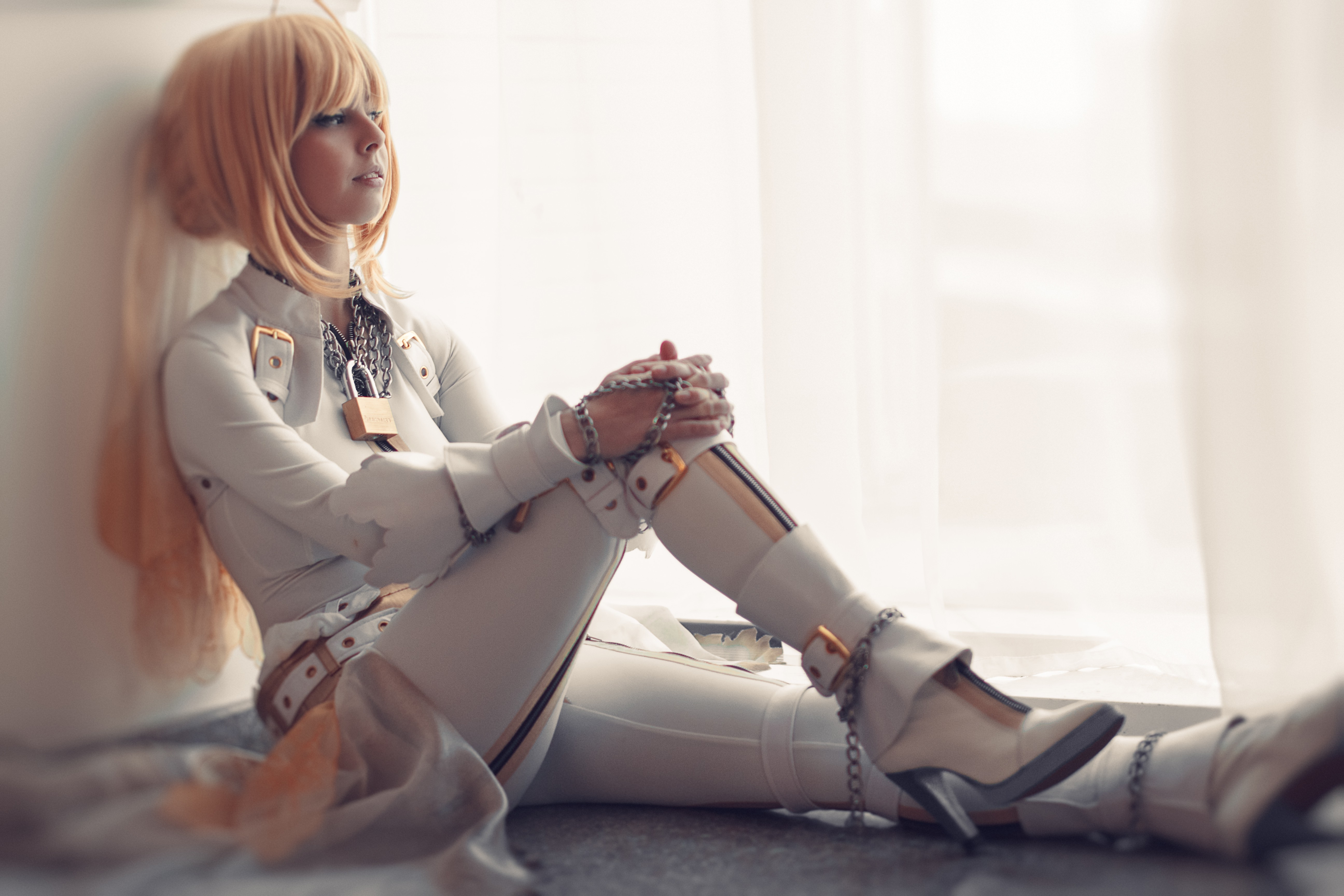 suits, Boots, Cosplay,  Saber Bride, Long Hair, Blonde, Blue Eyes, Leather Boots, Leather Clothing, Sitting Wallpaper
