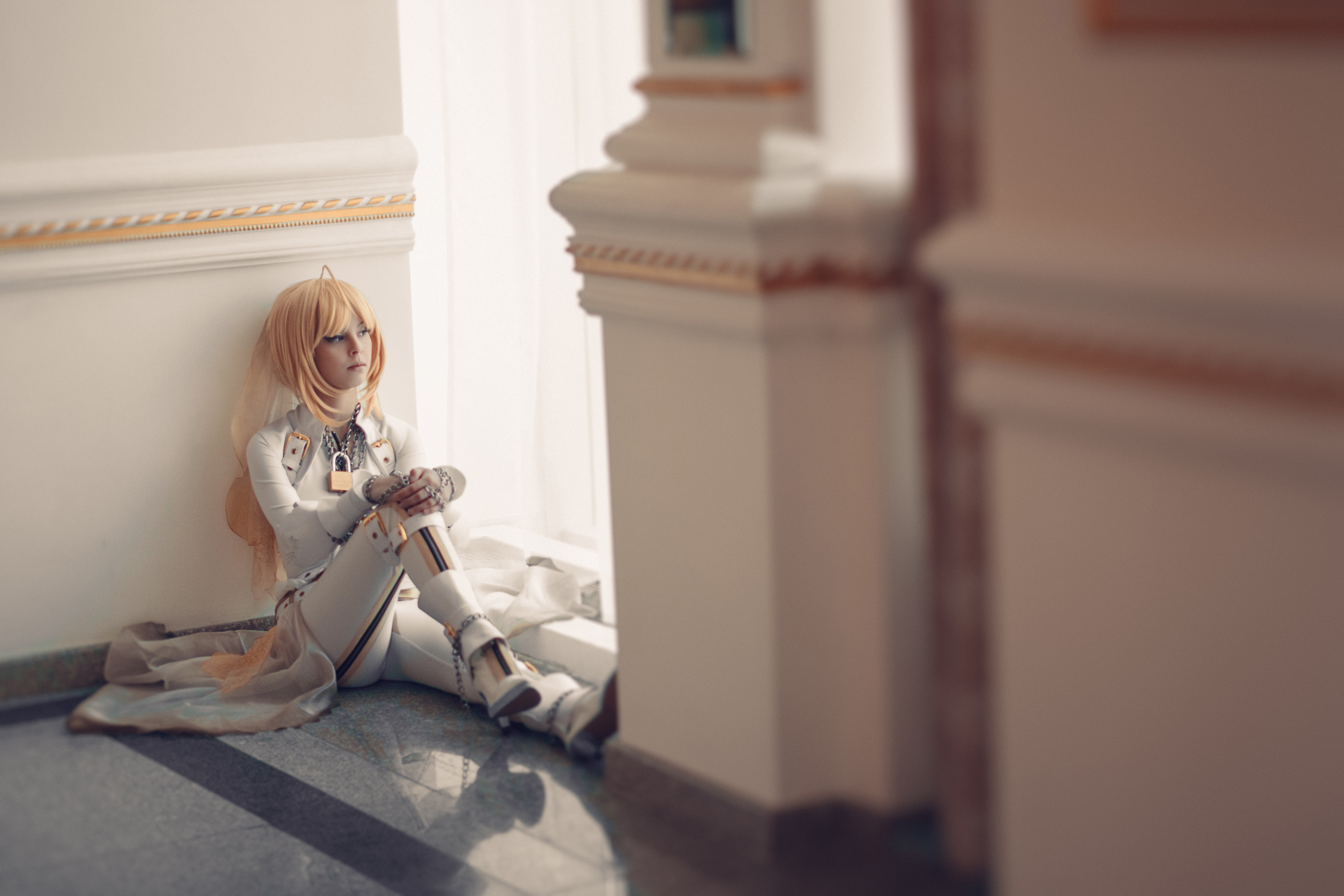 suits, Boots, Cosplay,  Saber Bride, Long Hair, Blonde, Blue Eyes, Leather Boots, Leather Clothing, Sitting Wallpaper