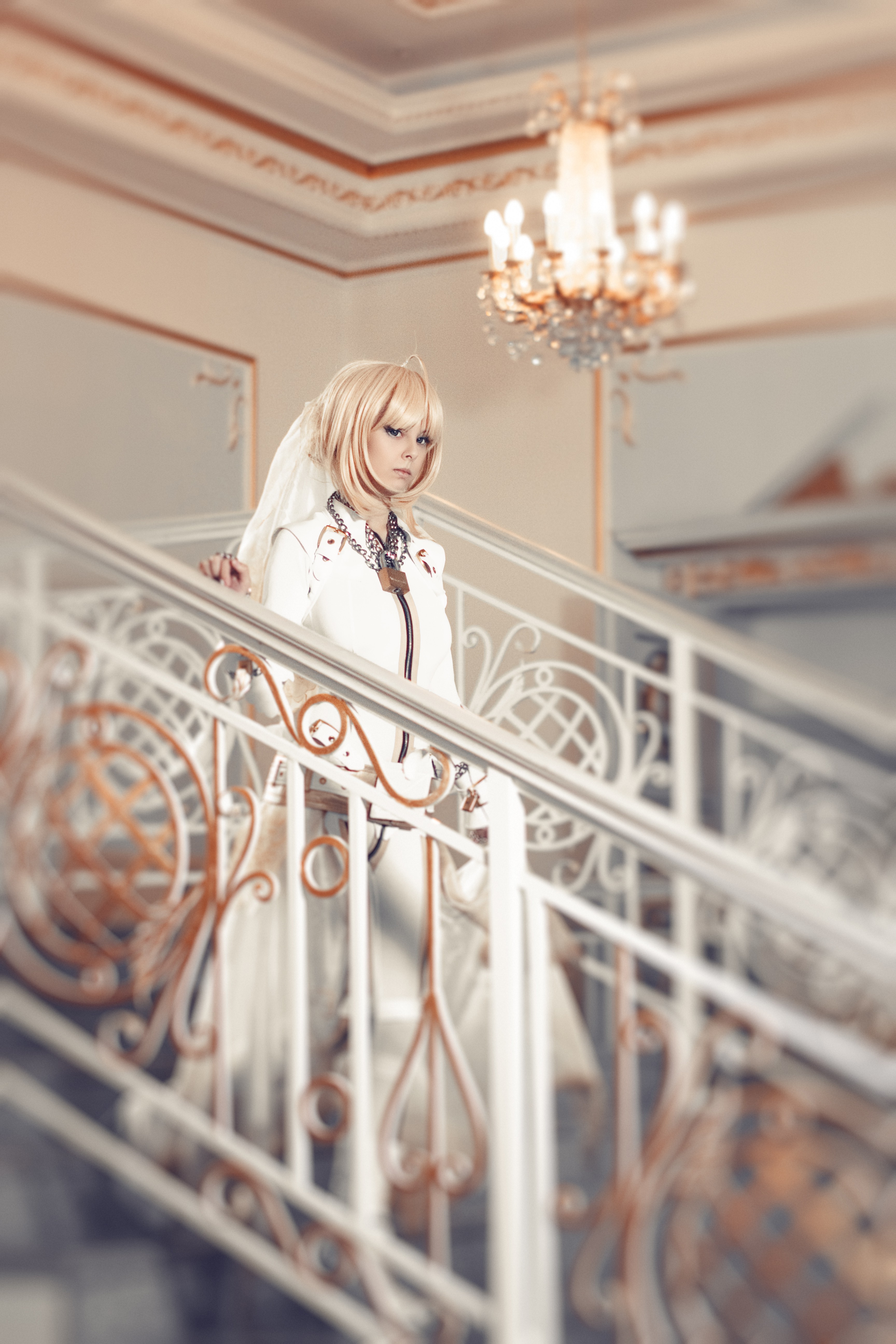 suits, Boots, Cosplay,  Saber Bride, Long Hair, Blonde, Blue Eyes, Leather Boots, Leather Clothing, Stairs Wallpaper