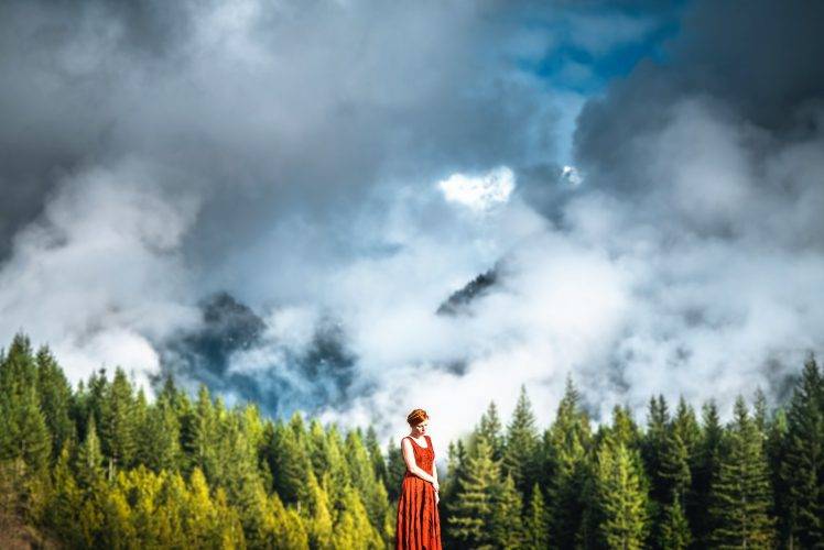 trees, Women Outdoors, Clouds, Women HD Wallpaper Desktop Background