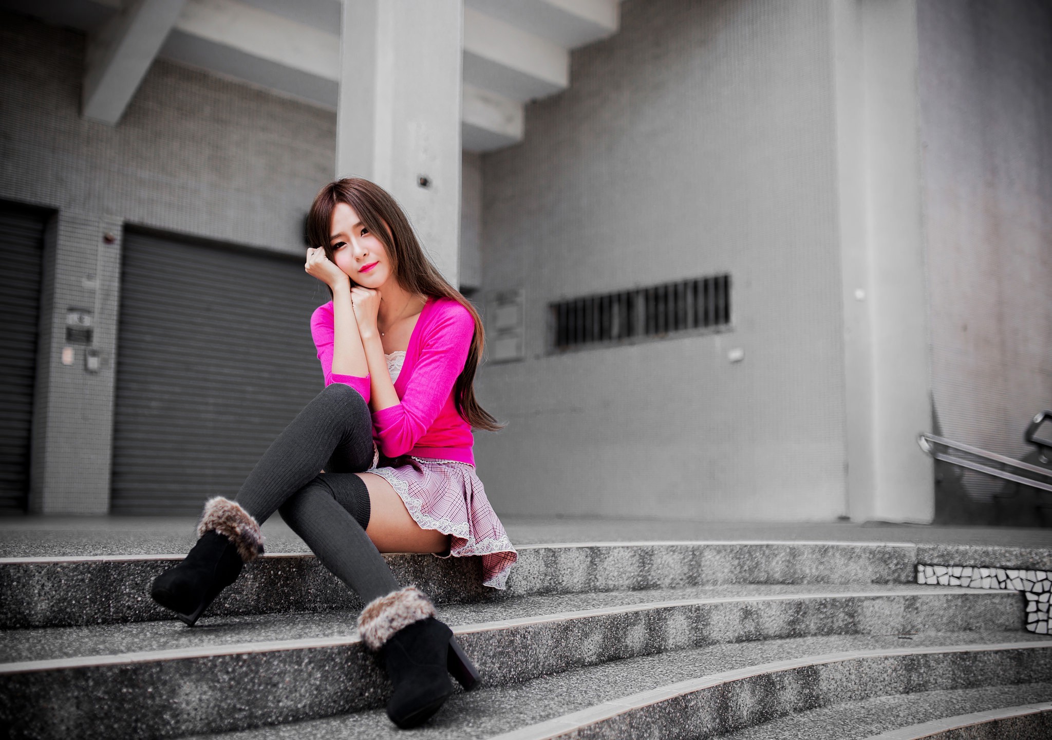 stairs, Selective Coloring, Asian, Women, Model Wallpaper