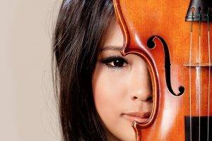 women, Model, Brunette, Asian, Long Hair, Face, Portrait, Violin, Musical Instrument, Brown Eyes, Looking At Viewer, Music, Simple Background