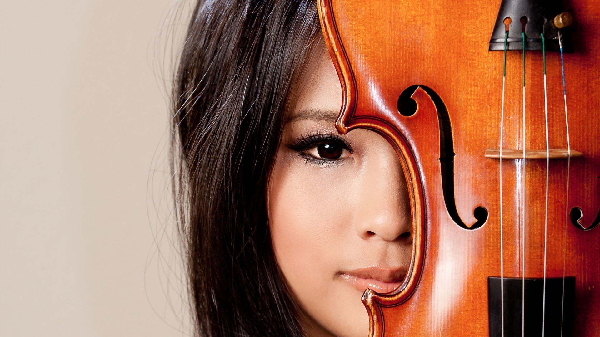 women, Model, Brunette, Asian, Long Hair, Face, Portrait, Violin, Musical Instrument, Brown Eyes, Looking At Viewer, Music, Simple Background Wallpaper