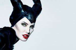 Angelina Jolie, Maleficent, Disney, Simple Background, Eyes, Juicy Lips