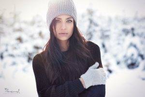 women, Face, Portrait, Snow, Gloves