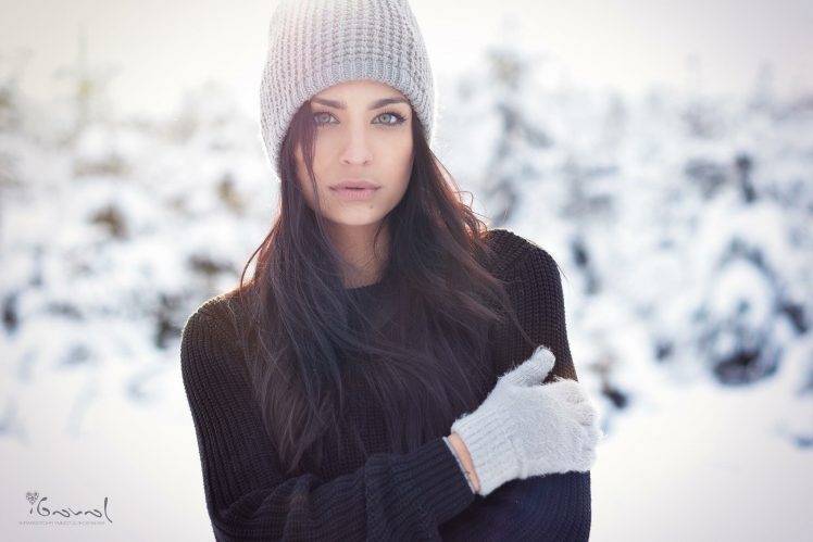 women, Face, Portrait, Snow, Gloves HD Wallpaper Desktop Background
