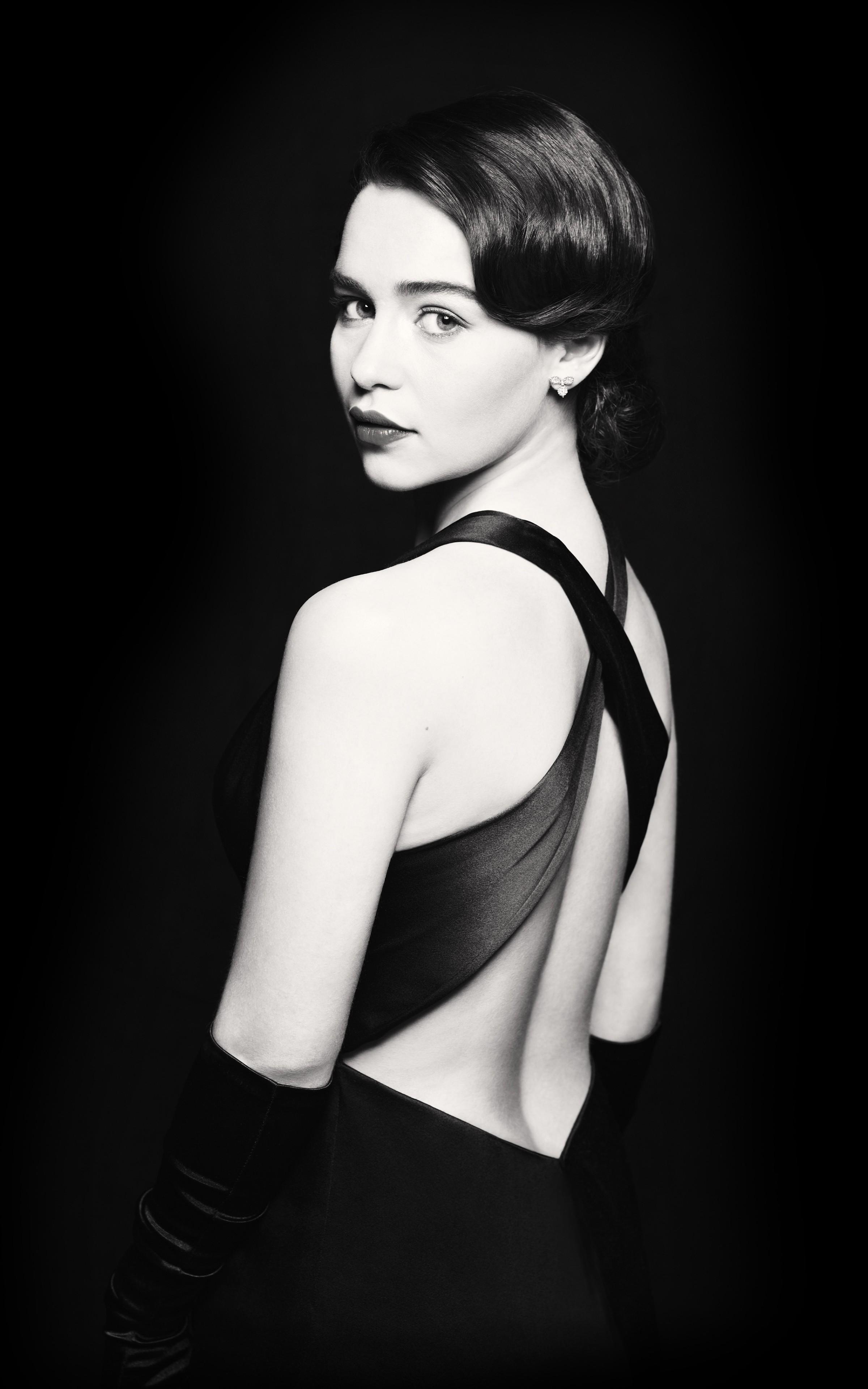 Emilia Clarke, Actress, Brunette, Women, Celebrity, Monochrome, Portrait Display, Simple Background, Glamour Wallpaper