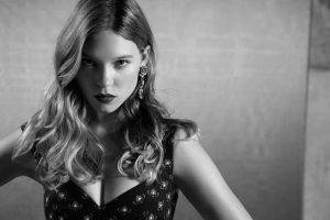 lea Seydoux, Actress, Auburn Hair, Women, Celebrity, Monochrome, Looking At Viewer, Cleavage