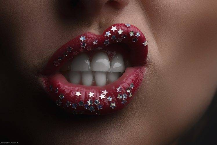 women, Red Lipstick, Teeth, Closeup, Face, Stars HD Wallpaper Desktop Background