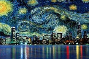 cityscape, Skyscraper, Reflection, Painting, Vincent Van Gogh, Movies, Water, Chicago, The Starry Night