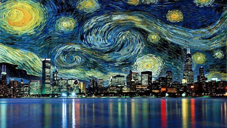 cityscape, Skyscraper, Reflection, Painting, Vincent Van Gogh, Movies, Water, Chicago, The Starry Night HD Wallpaper Desktop Background