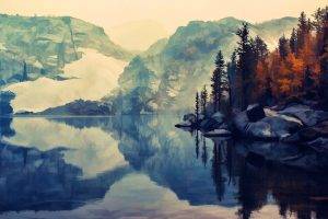 nature, Artwork, Lake, Hill, Reflection