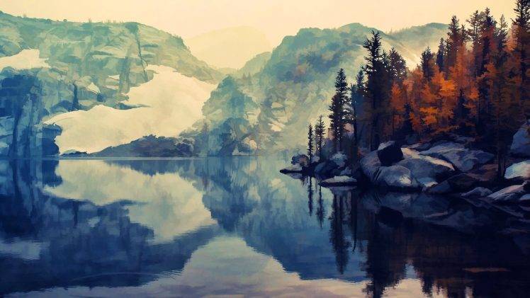 nature, Artwork, Lake, Hill, Reflection HD Wallpaper Desktop Background