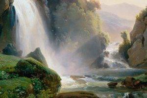painting, Artwork, Waterfall, Rock, Sunlight, River