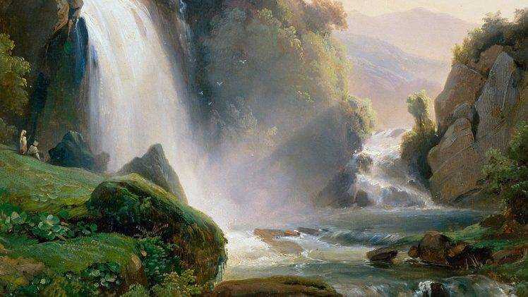 painting, Artwork, Waterfall, Rock, Sunlight, River HD Wallpaper Desktop Background