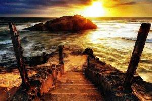 artwork, Nature, Sea, Sunset, Sunlight, Rock, Coast, Steps, Waves
