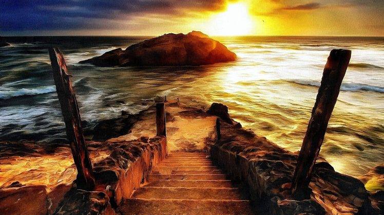 artwork, Nature, Sea, Sunset, Sunlight, Rock, Coast, Steps, Waves HD Wallpaper Desktop Background